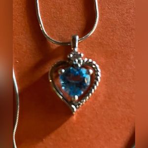 Sterling Silver 925 Necklace Heart Pendant Aquamarine Stone 18”